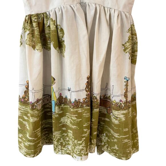 Vintage 70s Handmade Flavia Print Sundress Women’s Cream Green Fit & Flare Dress - Picture 8 of 16